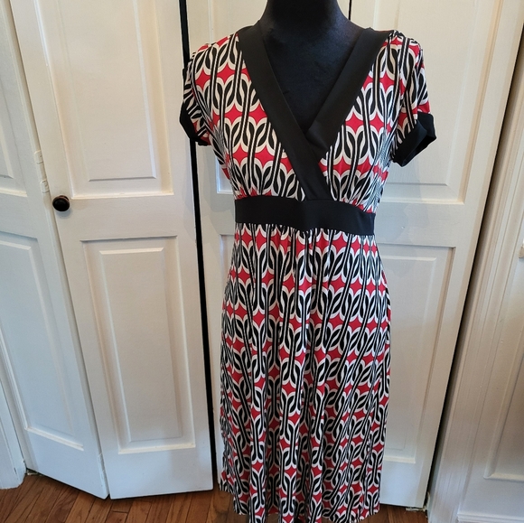 Y2k Red and Black Geometric Print Babydoll Dress sz L Summer Graduation Wedding - Picture 3 of 7